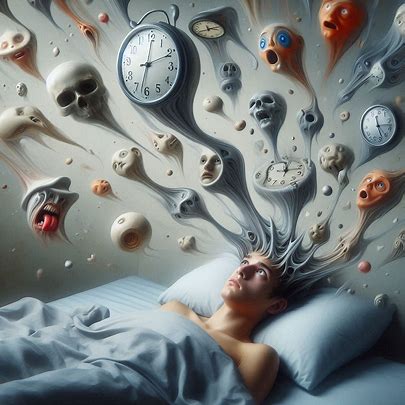 A person surrounded by floating clocks and abstract objects, illustrating how mood tracking for mental health can help manage time-related stress and overwhelm.