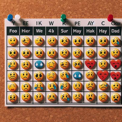 A corkboard calendar filled with colorful mood emojis, depicting a practical example of mood tracking for mental health improvement.