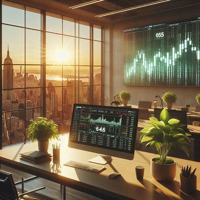 3cf6e659-7905-43cd-b2b6-511ca1ef9e4f A modern, cinematic shot of a man in a sleek office, with a glowing green stock chart on a wall-sized screen behind him, symbolizing the automated growth of wealth and passive income streams