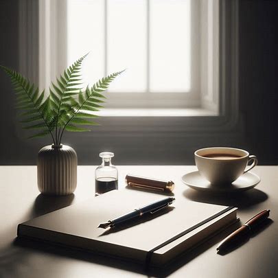 A minimalist workspace with a notebook, pen, coffee cup, and plant by a window, symbolizing a focused and intentional work environment achieved through minimal tech maximum focus.