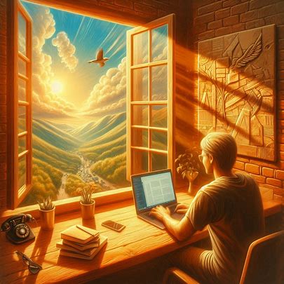Remote worker sitting by a bright window, balancing productivity with mindfulness and nature