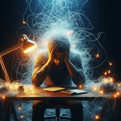 Stressed person at desk with swirling electric thoughts overhead — mood tracking for mental health.