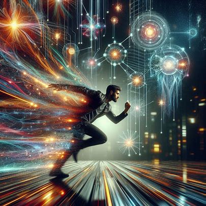 Abstract representation of a person running through a network of interconnected lights and data streams, symbolizing the feeling of being overwhelmed by endless possibilities.