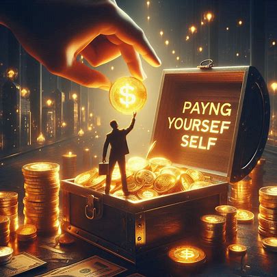 Massive treasure chest labeled ‘Paying Yourself First’ surrounded by gold coins, symbolizing financial discipline and future wealth security.