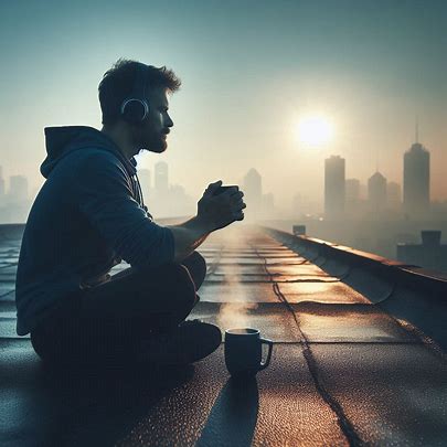 A person sitting on the roof top with cup of coffee, frequent breaks are required to keep a sane mental health in remote work.