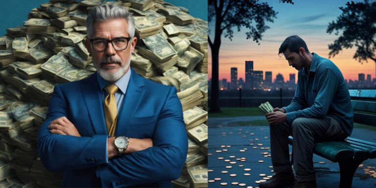 "This one financial habit separates wealth builders from wage earners — side-by-side image of a confident older man in a blue suit standing before piles of cash symbolizing financial success, contrasted with a sad man in casual clothes sitting on a park bench at dusk counting a small stack of bills, representing the struggles of a wage earner.