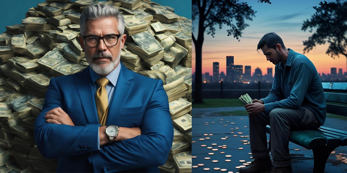 "This one financial habit separates wealth builders from wage earners — side-by-side image of a confident older man in a blue suit standing before piles of cash symbolizing financial success, contrasted with a sad man in casual clothes sitting on a park bench at dusk counting a small stack of bills, representing the struggles of a wage earner.