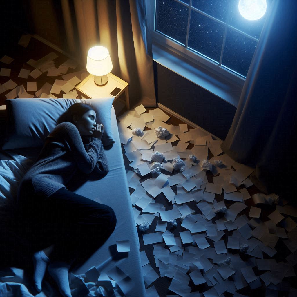 A person lying on the floor surrounded by scattered notes, visually expressing why your brain loves overthinking during emotional stress.