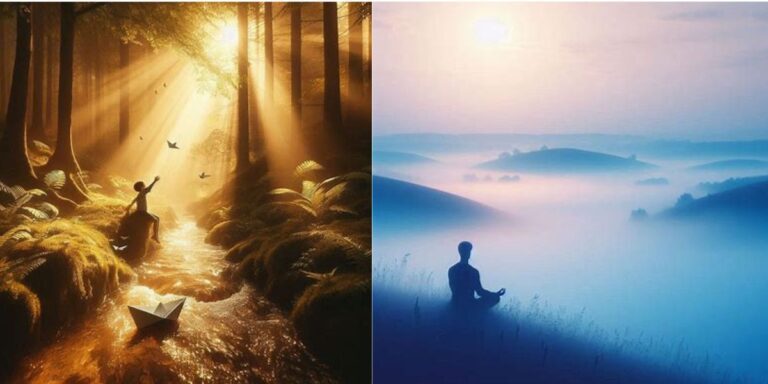 Split image showing a child reaching for birds in a sunlit forest stream and a person meditating on a misty hilltop—symbolizing nature, mindfulness, and the path to discovering how to escape the fleeting happiness trap.