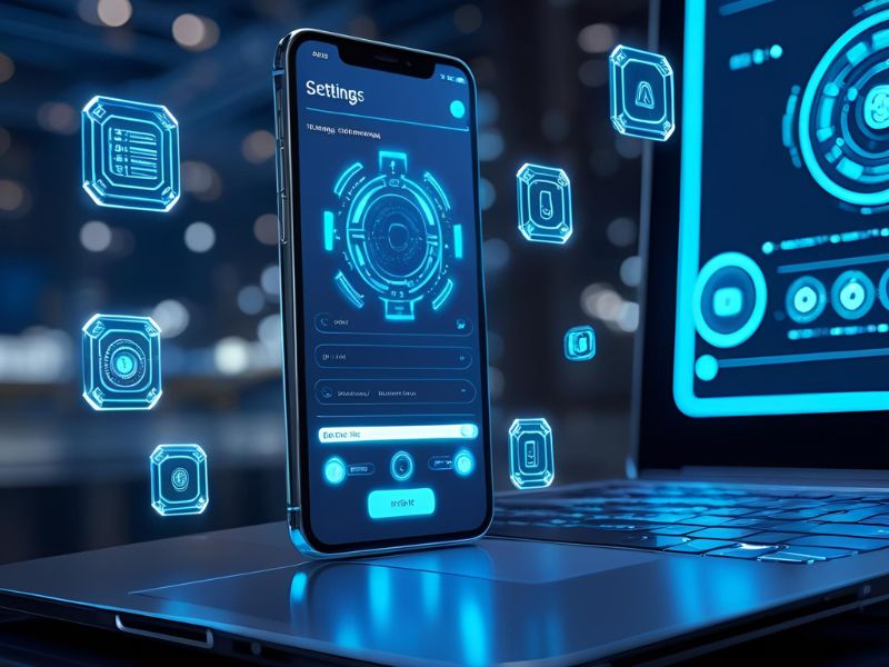 Smartphone and laptop interface displaying hidden settings with holographic icons in a high-tech workspace"