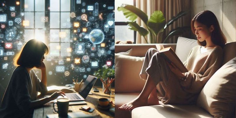 A split image showing a person working on a laptop surrounded by digital chaos on the left, and a person peacefully reading a book on the right, a clear visual guide to minimal tech maximum focus.