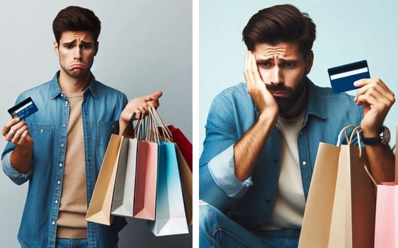 Young man holding shopping bags and credit card, showing impulse buying behavior and regret”