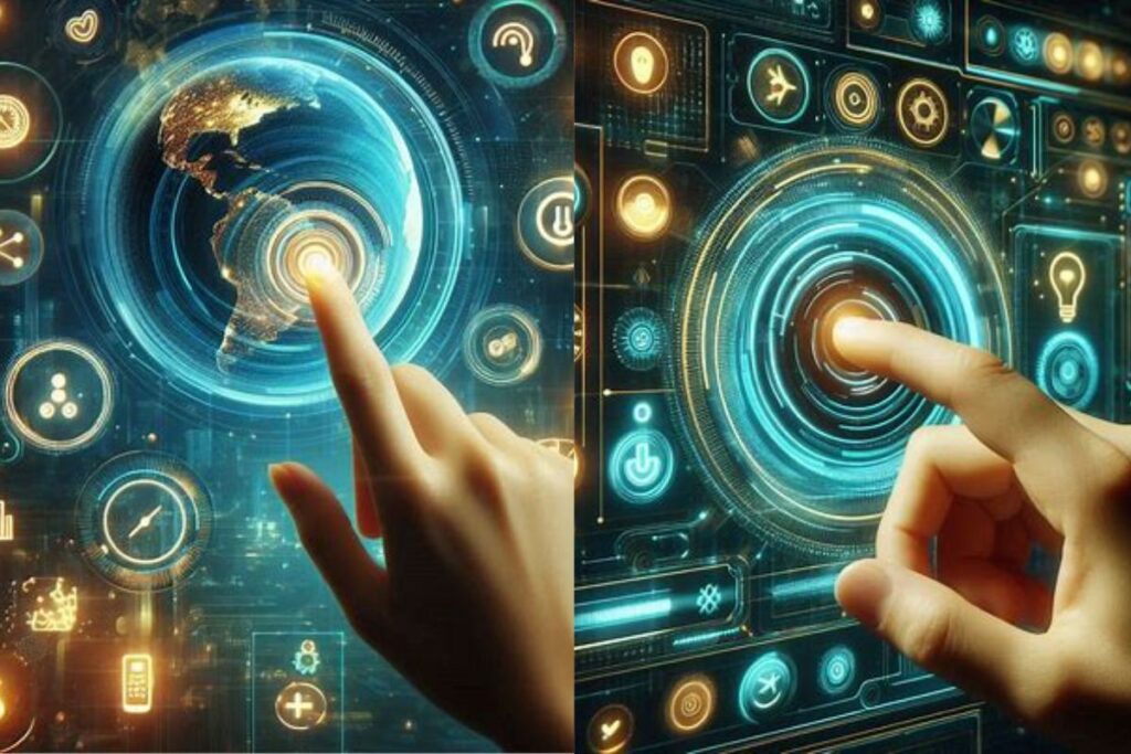 Human hand interacting with glowing hidden settings icons on a digital touchscreen for personalized device optimization"