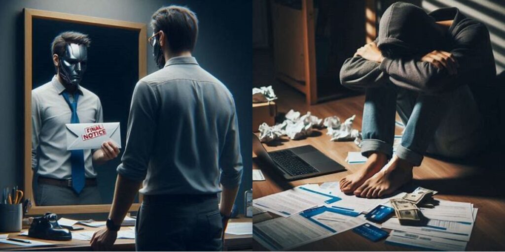 A worried millennial sits at a cluttered desk with overdue bills, a laptop, and financial paperwork—illustrating common financial mistakes millennials make, such as poor budgeting and debt stress.
