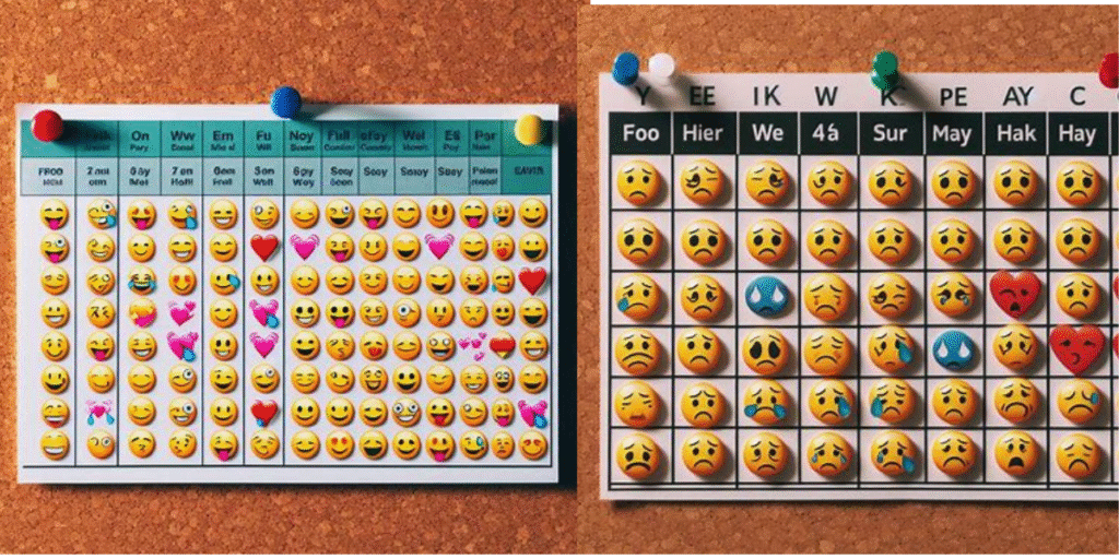 Illustration of a digital app interface showing mood tracking for mental health, with daily emotion logs and progress graphs to support emotional well-being."