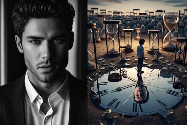 A collage of two images: a black-and-white portrait of a man and a conceptual scene of a person standing on a shattered clock face surrounded by hourglasses, symbolizing why smart people waste the most time and the resulting regret.