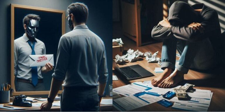 A worried millennial sits at a cluttered desk with overdue bills, a laptop, and financial paperwork—illustrating common financial mistakes millennials make, such as poor budgeting and debt stress.