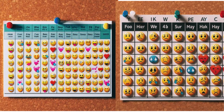 Illustration of a digital app interface showing mood tracking for mental health, with daily emotion logs and progress graphs to support emotional well-being."