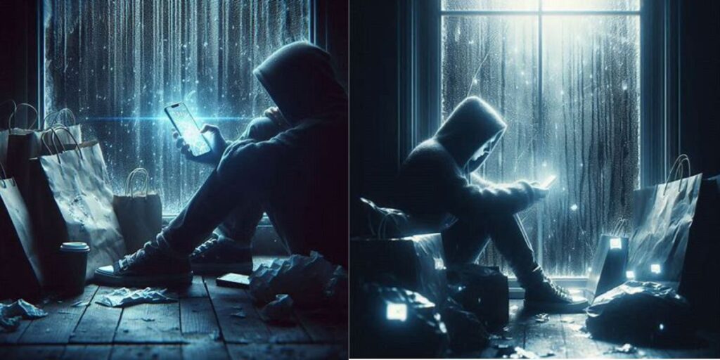 Two individuals sitting in a dark, rainy alley, surrounded by technology, contemplating how to escape the fleeting happiness trap.