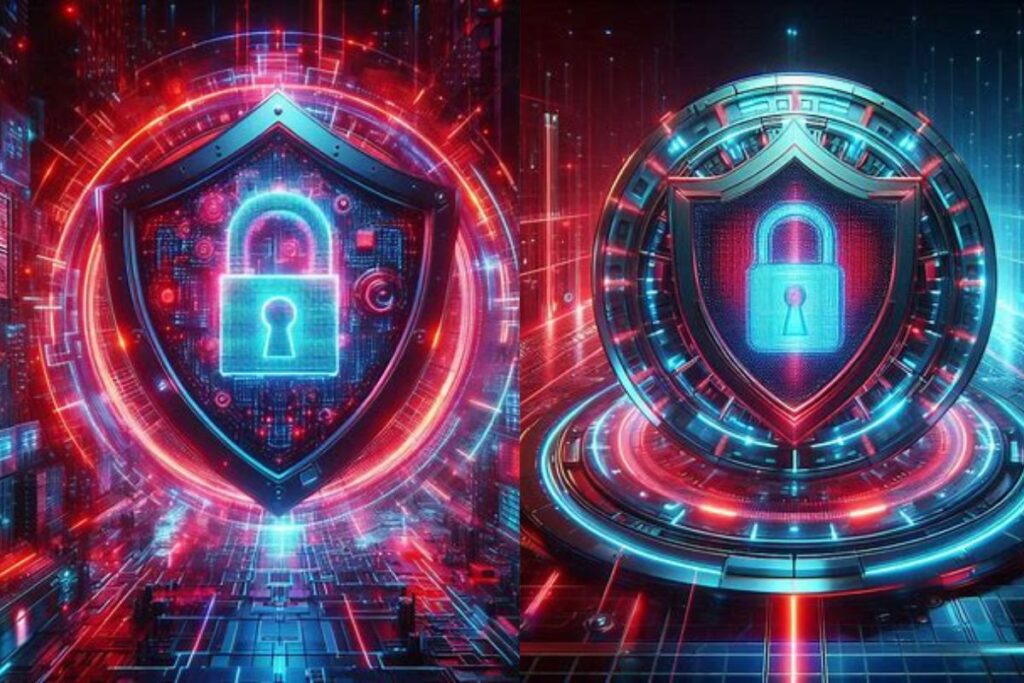 Digital privacy shield representing hidden settings for security and data protection in a glowing tech interface"