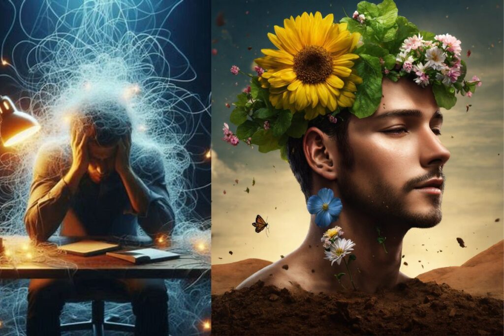 A symbolic split-screen showing why your brain loves overthinking—on one side, a person surrounded by swirling light at a desk, representing mental overload; on the other, a figure with flowers growing from their head and a butterfly nearby, illustrating the contrast between cognitive chaos and emotional growth