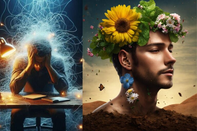 A symbolic split-screen showing why your brain loves overthinking—on one side, a person surrounded by swirling light at a desk, representing mental overload; on the other, a figure with flowers growing from their head and a butterfly nearby, illustrating the contrast between cognitive chaos and emotional growth