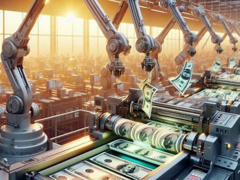 Untitled design (7) A conceptual, ultra-realistic image of futuristic robotic arms precisely printing and stacking money in an automated factory. This powerful visual symbolizes the automated and effortless generation of wealth and passive income