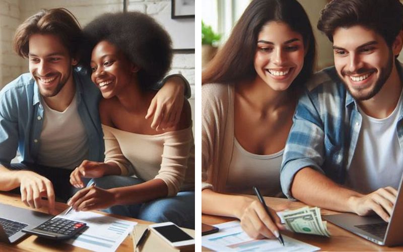 Millennial couple reviewing monthly budget on laptop—focused on financial planning and teamwork”
