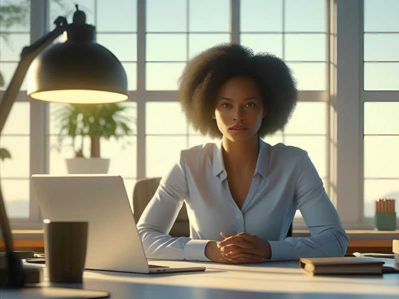 Confident businesswoman in a minimalist, sunlit office, calmly working on her laptop, showcasing focused productivity and effective time management.