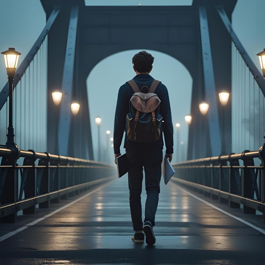 A solitary figure walking across a foggy bridge at dusk, symbolizing the journey from overthinking to mental clarity.