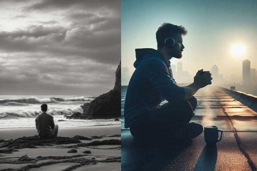 A person sitting alone by the ocean, headphones on, reflecting deeply—capturing the emotional weight of why your brain loves overthinking.