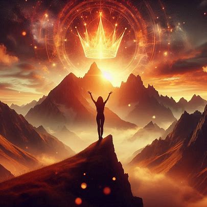 A person standing with arms raised under a glowing crown above mountain peaks, showing the self-empowerment possible with mood tracking for mental health.