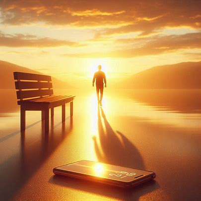 Person walking into a golden sunset, leaving behind a smartphone, symbolizing reflection and the journey of how to escape the fleeting happiness trap.