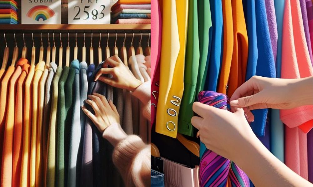 Hands selecting colorful scarves from a neatly arranged wardrobe, demonstrating the numerology of your wardrobe through color-energy matching.