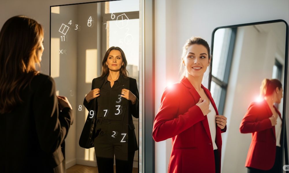 Two women dressed in elegant outfits walking through sunlight, with floating numbers symbolizing energy alignment — the numerology of your wardrobe in action.