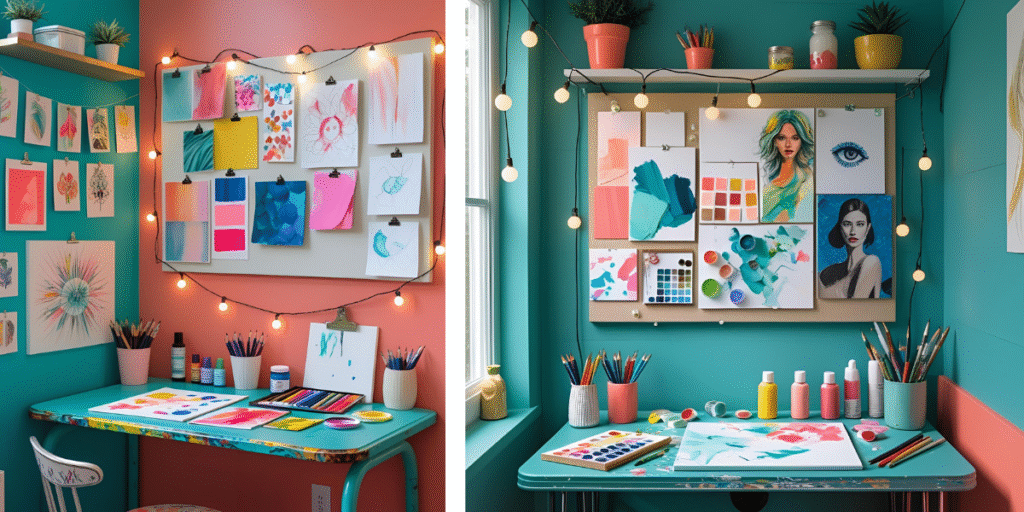 "Creative artist’s room with dopamine decor featuring colorful walls, bold statement art, open shelves filled with paints and supplies, and a cozy corner for inspiration"