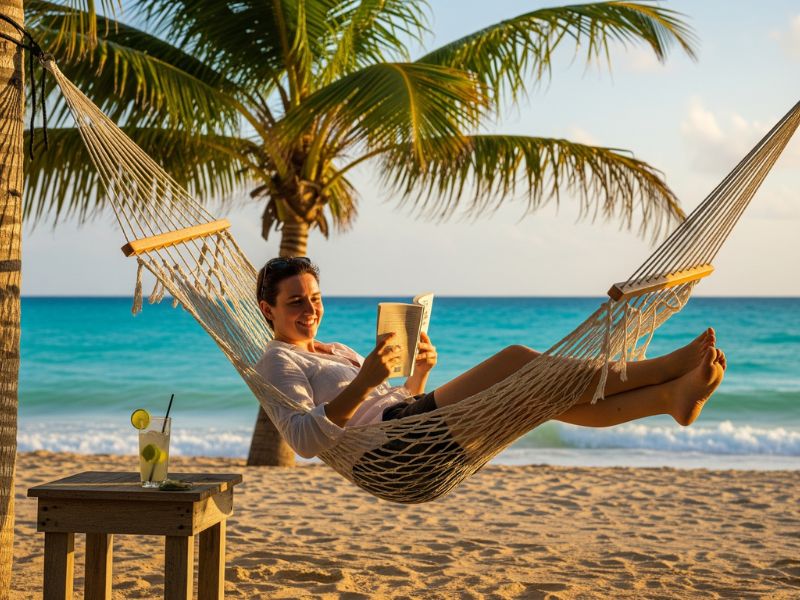a man enjoying on a hammock on a beach reading book, because he has unlocked the secret to passive income.