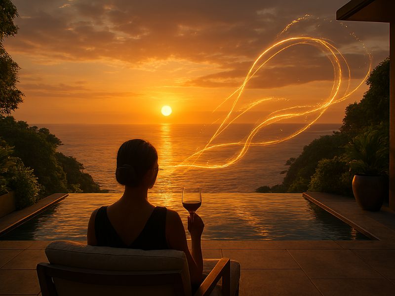 a woman enjoying near an infinity pool with wine glass in her hand, she has cracked the code of passive income.