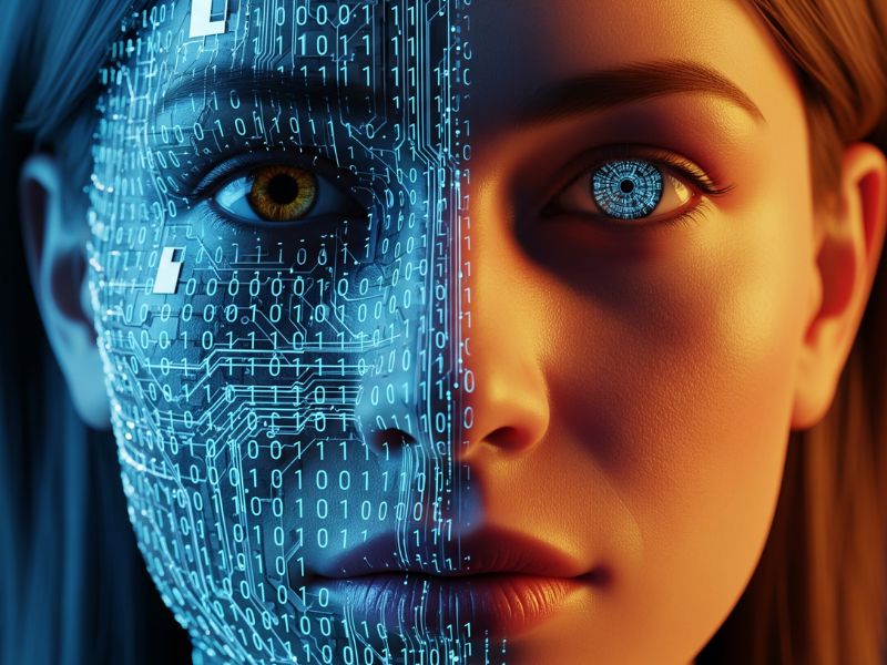 “Split-face portrait of a human and a digital avatar, symbolizing the merging of human intelligence and artificial systems in the age of algorithmic identity.”