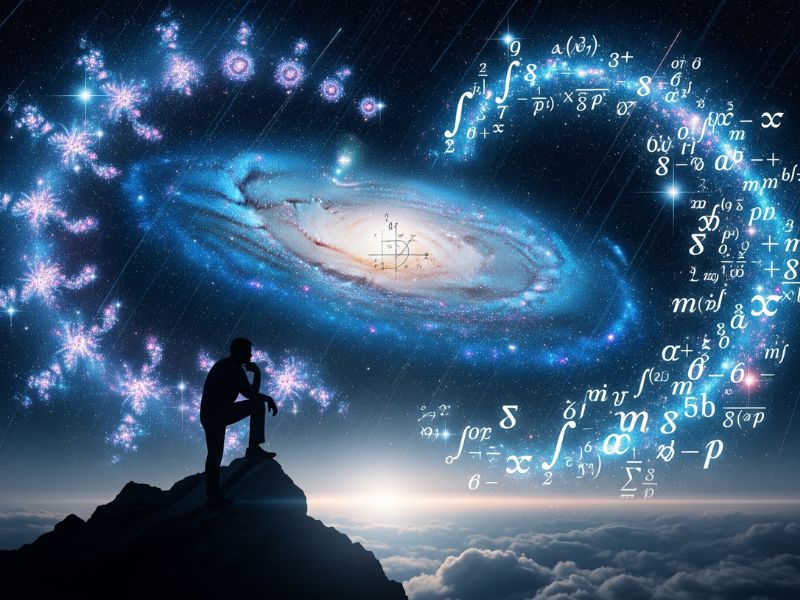“Two silhouetted figures standing on a mountaintop, gazing at a swirling galaxy filled with digital symbols — a metaphor for human curiosity and tech-driven cosmic exploration.”