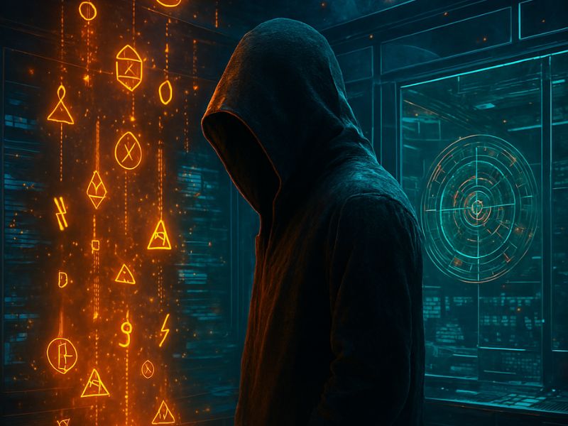 “A hooded figure surrounded by glowing orange symbols and code, evoking themes of cybersecurity, digital mysticism, and the hidden layers of data transformation.