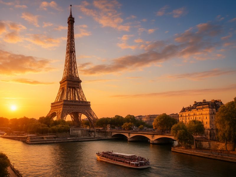 Eiffel Tower glowing at sunset with a boat on the Seine — a timeless travel destination in Paris, France.