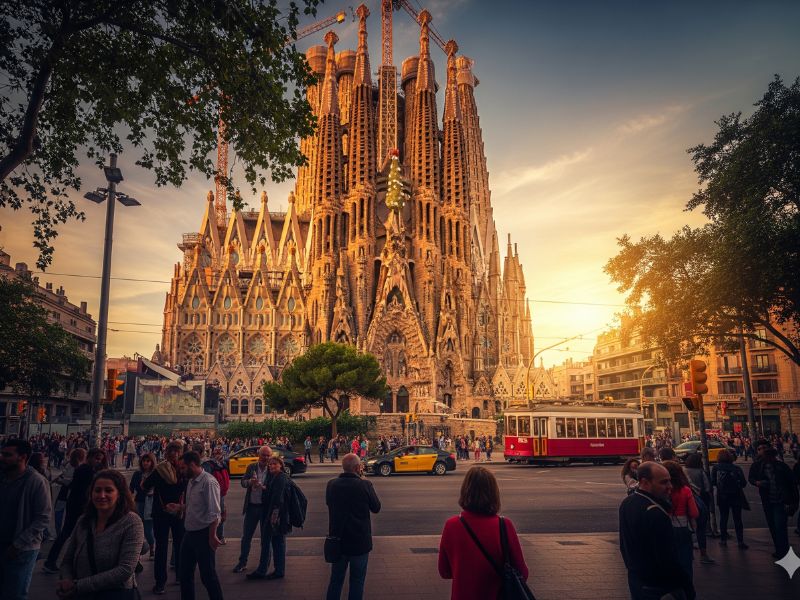 “Sagrada Familia in Barcelona at golden hour, an iconic landmark among the best travel destinations in Europe.”