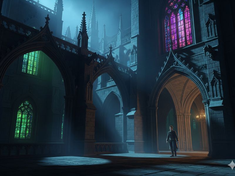 Dark fantasy setting with Wednesday Addams in silhouette, surrounded by swirling fog and gothic arches — visually representing the intrigue of the best summer 2025 releases.”