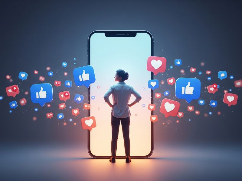 A lone figure stands in a vast, dark space, illuminated by the glowing screen of a large smartphone, while floating heart and like icons surround them, representing the search for online validation and its effect on social media and self-worth.