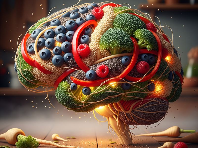 Creative illustration of a brain composed of fruits and vegetables, symbolizing the food and mood connection through mindful eating