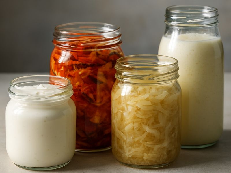 “Assorted preserved foods in jars, highlighting traditional nutrition and its role in the food and mood connection.”