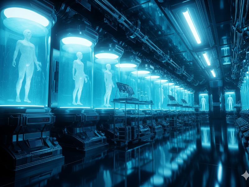 High-tech cryogenic lab with neon-lit cloning chambers and Robert Pattinson’s character gazing into a frozen alien world — cinematic imagery from the best summer 2025 releases