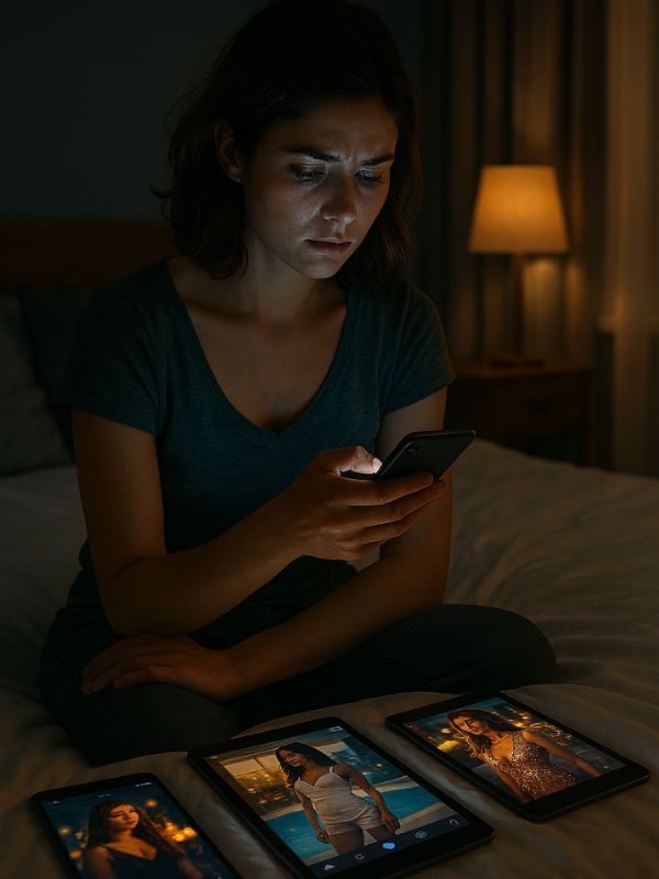 a woman sitting in front of different devices looking at social media and feeling terrible about herself.