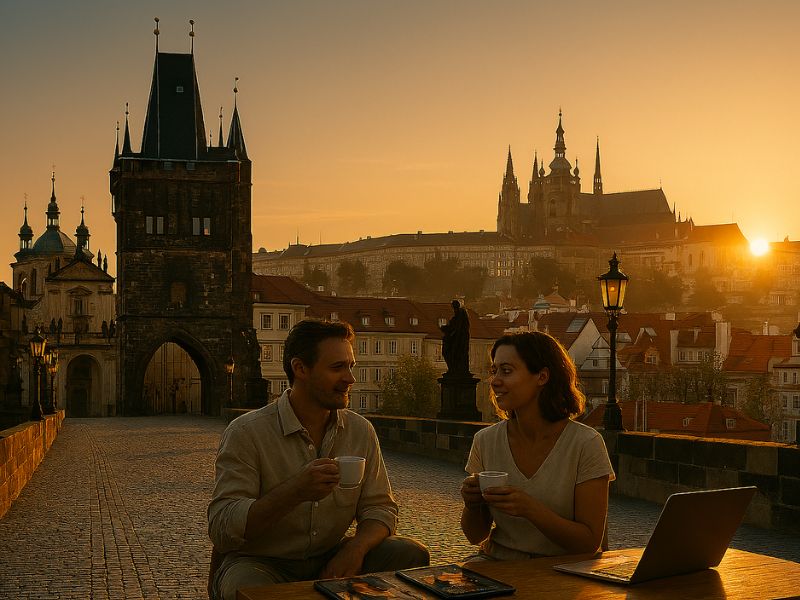 Romantic evening scene in Prague with outdoor dining and castle views — a cultural travel destination in Czech Republic
